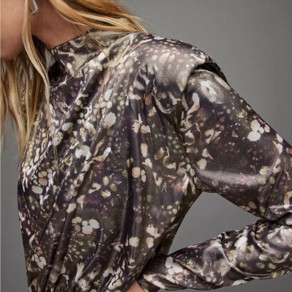 All Saints LILLIANA KETTU High neck Long Sleeve Ruched Mini Gold Black Size 4 - Picture 5 of 9